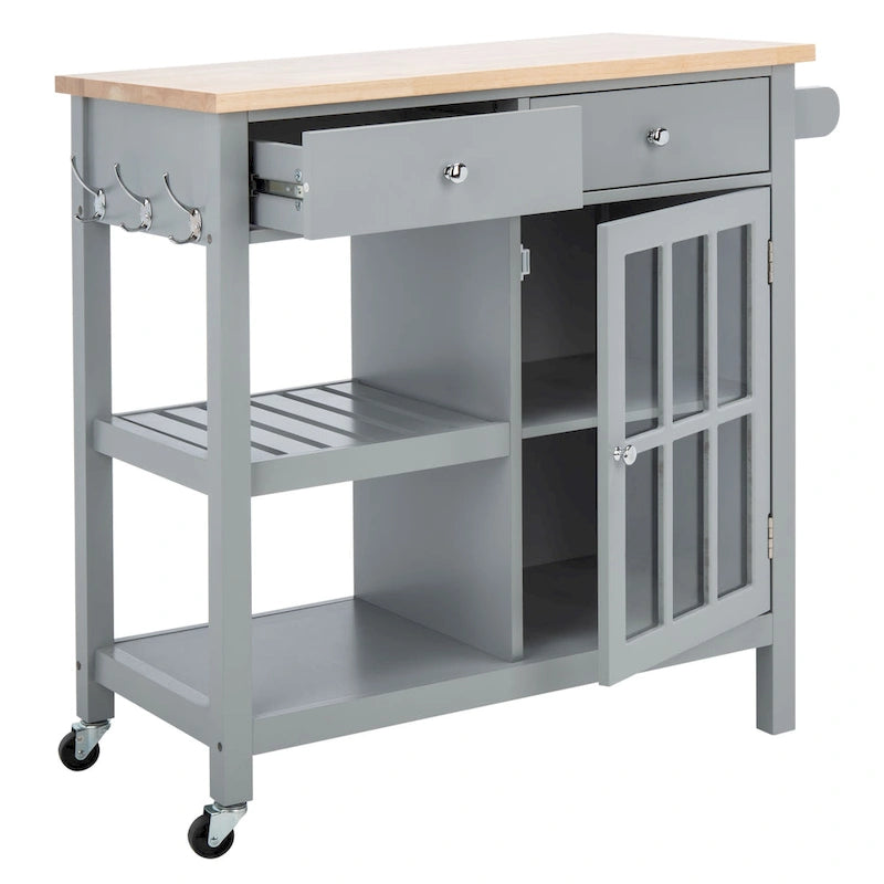 Chariot de cuisine roulant 1 porte, 2 tiroirs, 2 étagères au charme rustique - 33,5L x 16,9P x 35H