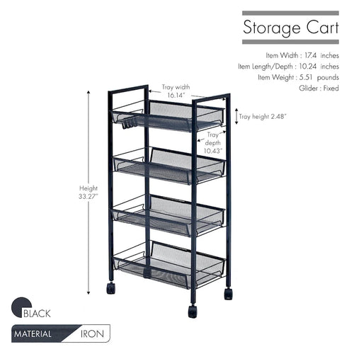 Chariot de rangement utilitaire en maille à 4 niveaux avec cadre résistant à la rouille - 17,4x10,24x33,27 po