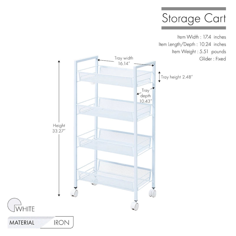 Chariot de rangement utilitaire en maille à 4 niveaux avec cadre résistant à la rouille - 17,4x10,24x33,27 po