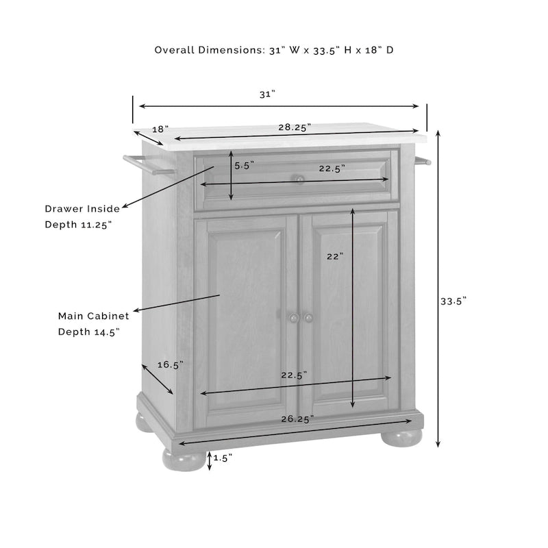 Îlot de cuisine portable avec dessus en granit massif, armoire et tiroir - 31W x 18D x 35.5H
