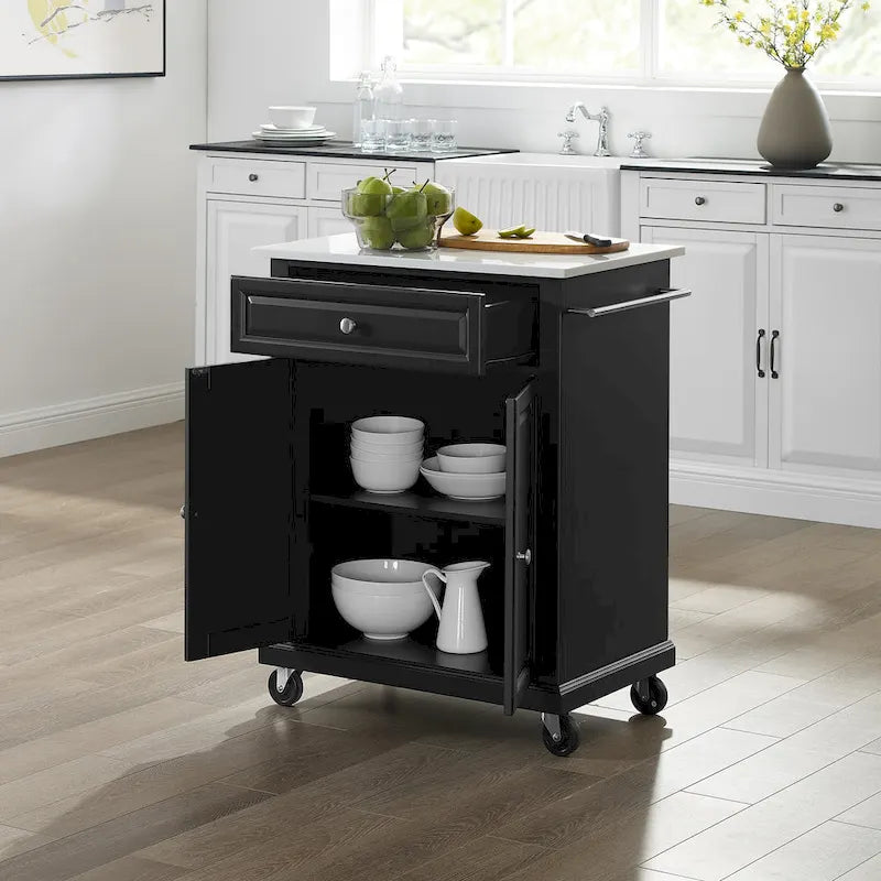 Chariot de cuisine portable en granit blanc avec tiroir et roulettes, finition noire 31x18x35