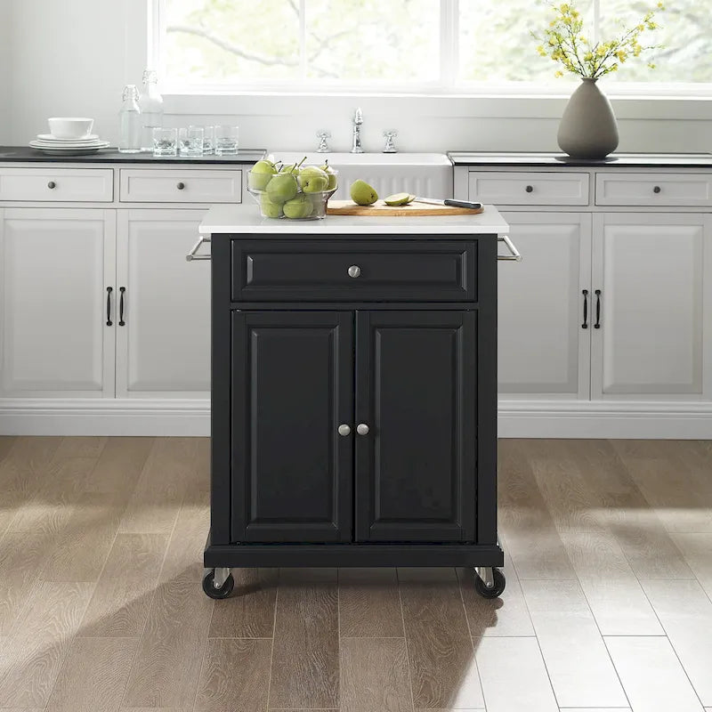 Chariot de cuisine portable en granit blanc avec tiroir et roulettes, finition noire 31x18x35