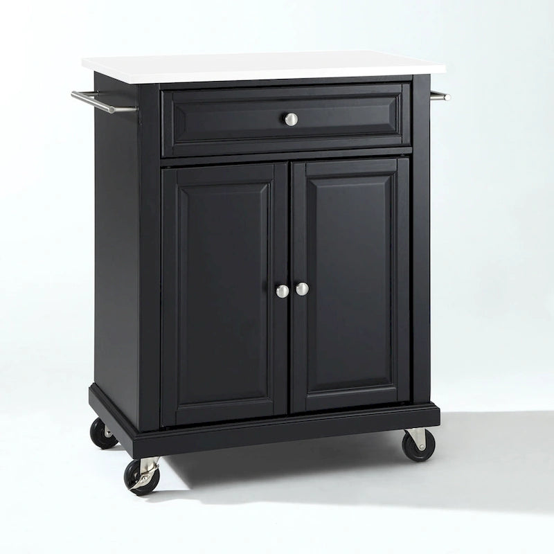 Chariot de cuisine portable en granit blanc avec tiroir et roulettes, finition noire 31x18x35