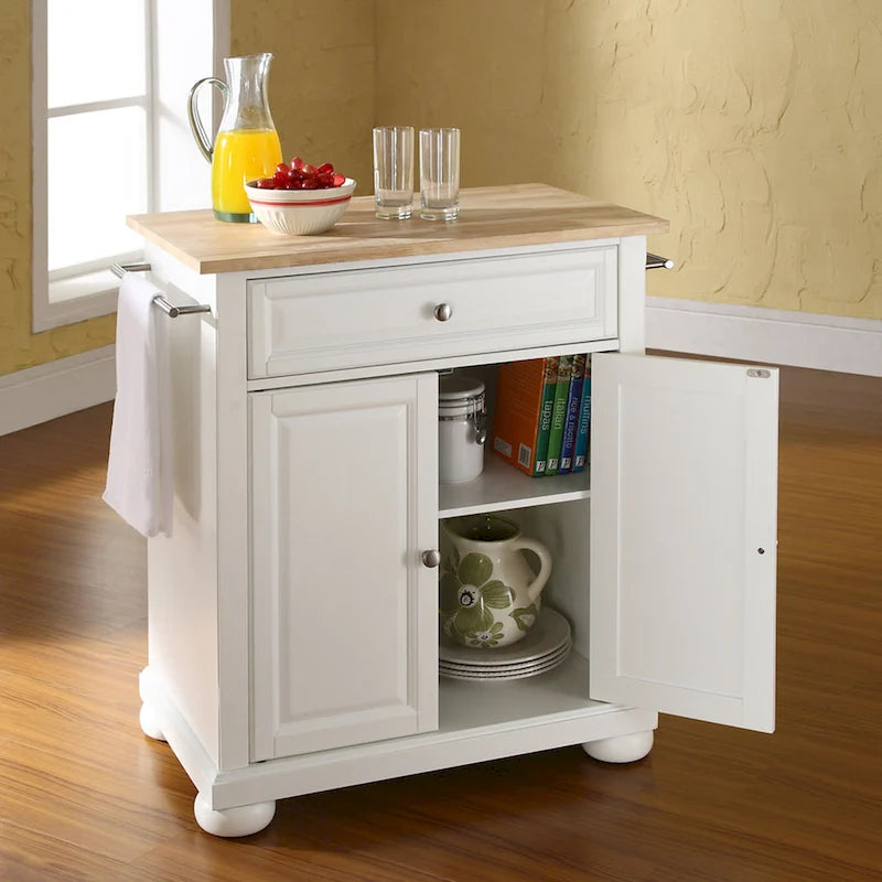 Îlot de cuisine portable avec plateau en bois, placard et tiroir - Finition blanche - 31 larg. x 18 prof. x 33,5 haut.