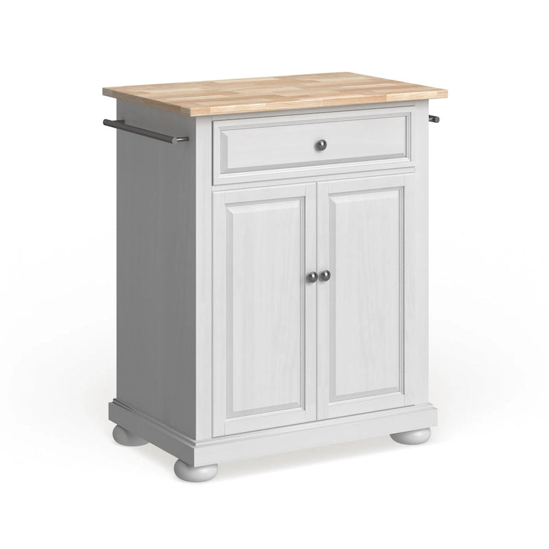Îlot de cuisine portable avec plateau en bois, placard et tiroir - Finition blanche - 31 larg. x 18 prof. x 33,5 haut.