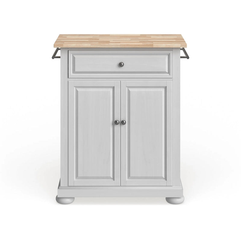 Îlot de cuisine portable avec plateau en bois, placard et tiroir - Finition blanche - 31 larg. x 18 prof. x 33,5 haut.