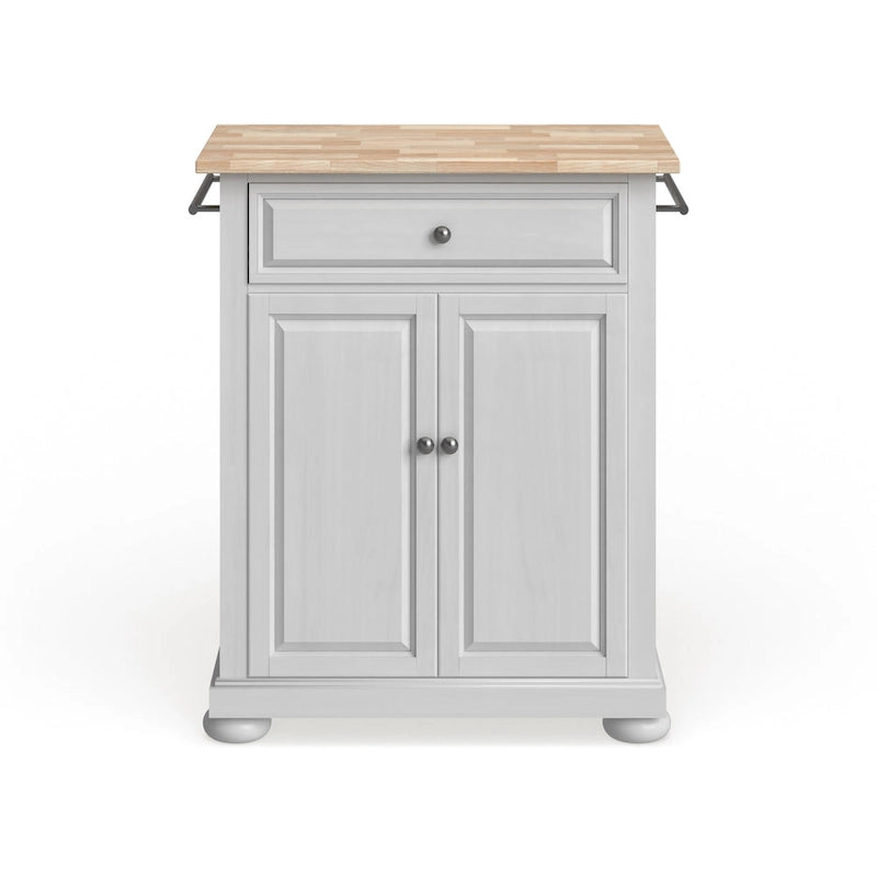 Îlot de cuisine portable avec plateau en bois, placard et tiroir - Finition blanche - 31 larg. x 18 prof. x 33,5 haut.