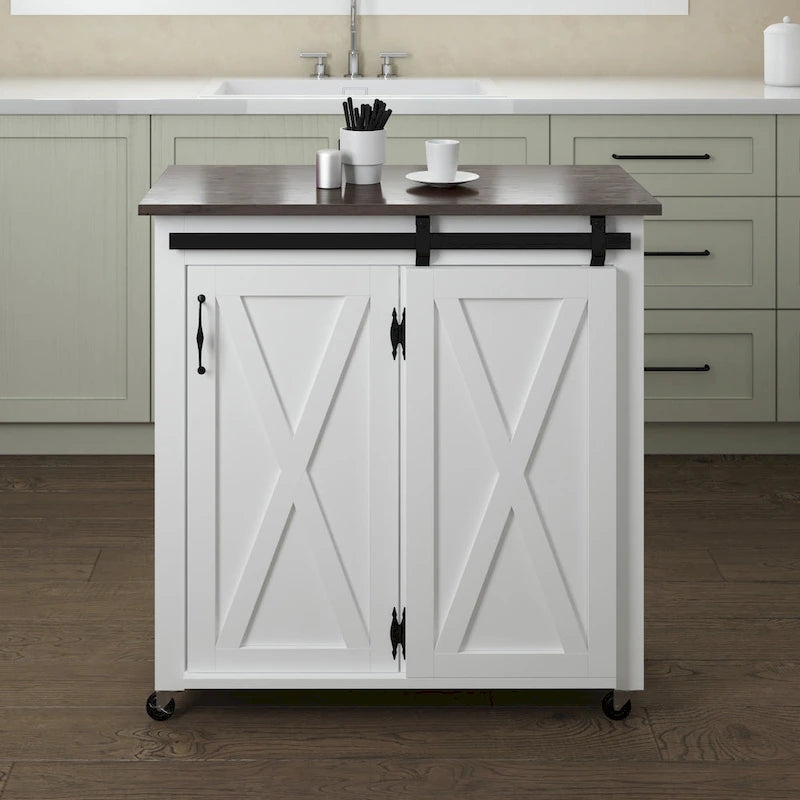 Desserte de cuisine moderne de style ferme avec porte de grange et 2 armoires – Blanc et marron foncé – 35x18x35,75