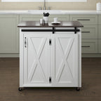 Desserte de cuisine moderne de style ferme avec porte de grange et 2 armoires – Blanc et marron foncé – 35x18x35,75