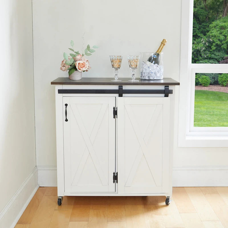 Desserte de cuisine moderne de style ferme avec porte de grange et 2 armoires – Blanc et marron foncé – 35x18x35,75