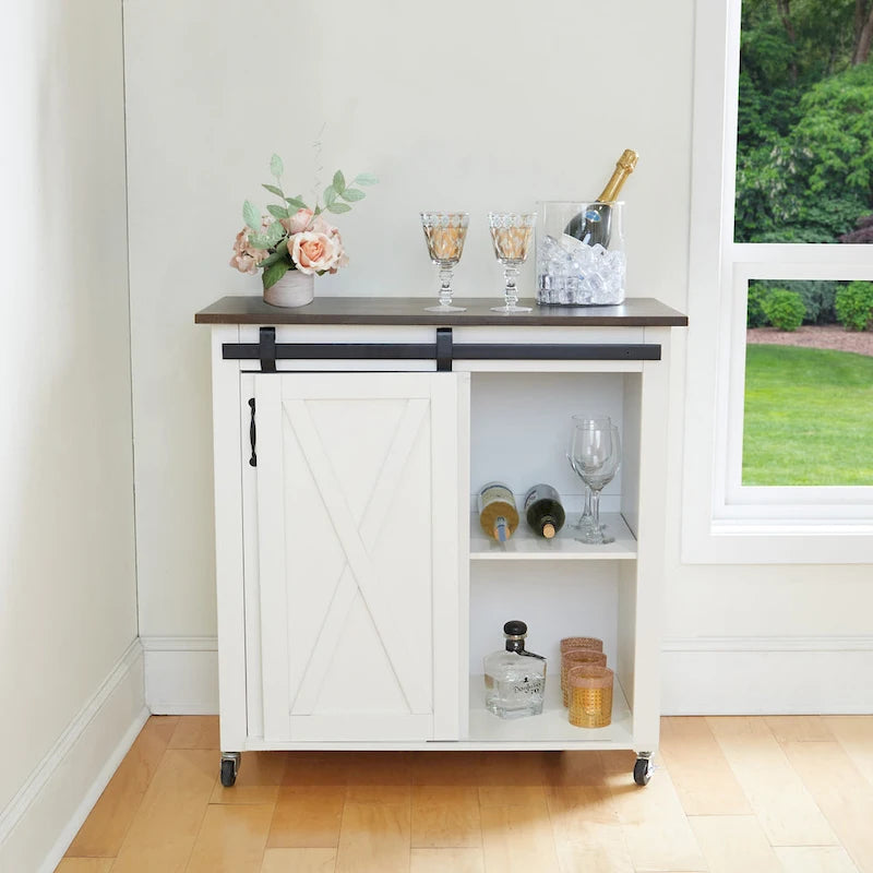 Desserte de cuisine moderne de style ferme avec porte de grange et 2 armoires – Blanc et marron foncé – 35x18x35,75