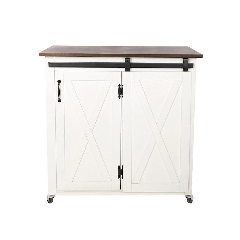 Desserte de cuisine moderne de style ferme avec porte de grange et 2 armoires – Blanc et marron foncé – 35x18x35,75