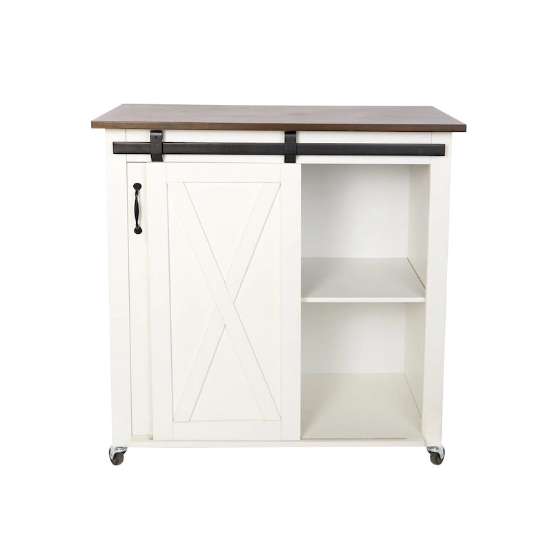 Desserte de cuisine moderne de style ferme avec porte de grange et 2 armoires – Blanc et marron foncé – 35x18x35,75