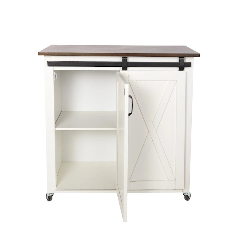Desserte de cuisine moderne de style ferme avec porte de grange et 2 armoires – Blanc et marron foncé – 35x18x35,75