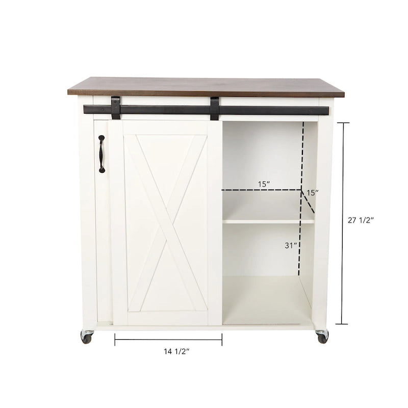 Desserte de cuisine moderne de style ferme avec porte de grange et 2 armoires – Blanc et marron foncé – 35x18x35,75