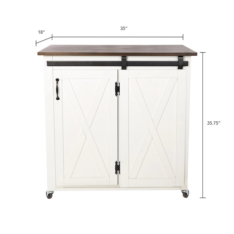 Desserte de cuisine moderne de style ferme avec porte de grange et 2 armoires – Blanc et marron foncé – 35x18x35,75