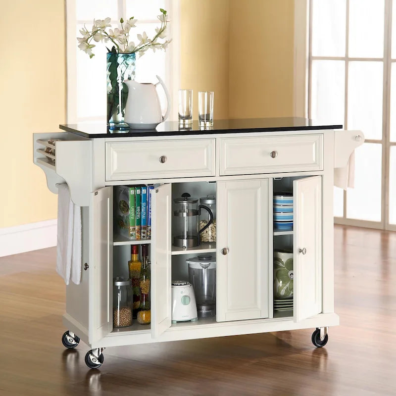Desserte de cuisine pleine grandeur avec dessus en granite noir, 3 armoires et 2 tiroirs - Blanc - 51,5 L x 18 P x 36 H