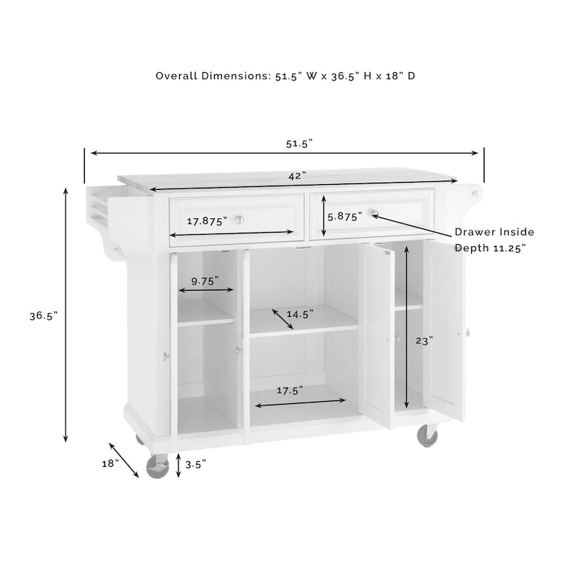 Desserte de cuisine pleine grandeur avec dessus en granite noir, 3 armoires et 2 tiroirs - Blanc - 51,5 L x 18 P x 36 H