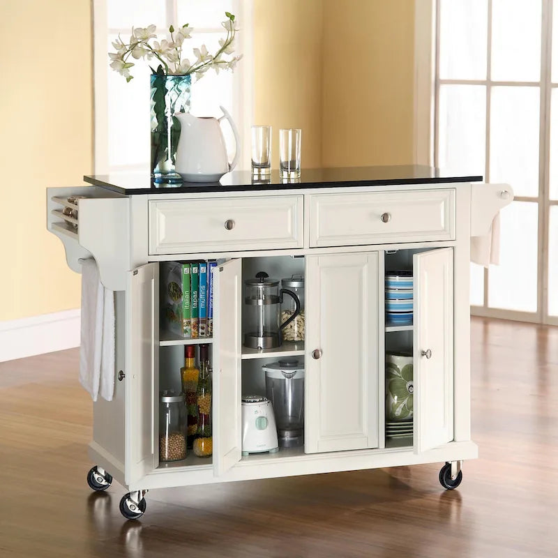 Desserte de cuisine pleine grandeur avec dessus en granite noir, 3 armoires et 2 tiroirs - Blanc - 51,5 L x 18 P x 36 H