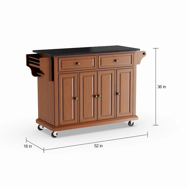 Chariot de cuisine mobile en granit noir pleine grandeur avec finition cerise, 3 armoires, porte-épices
