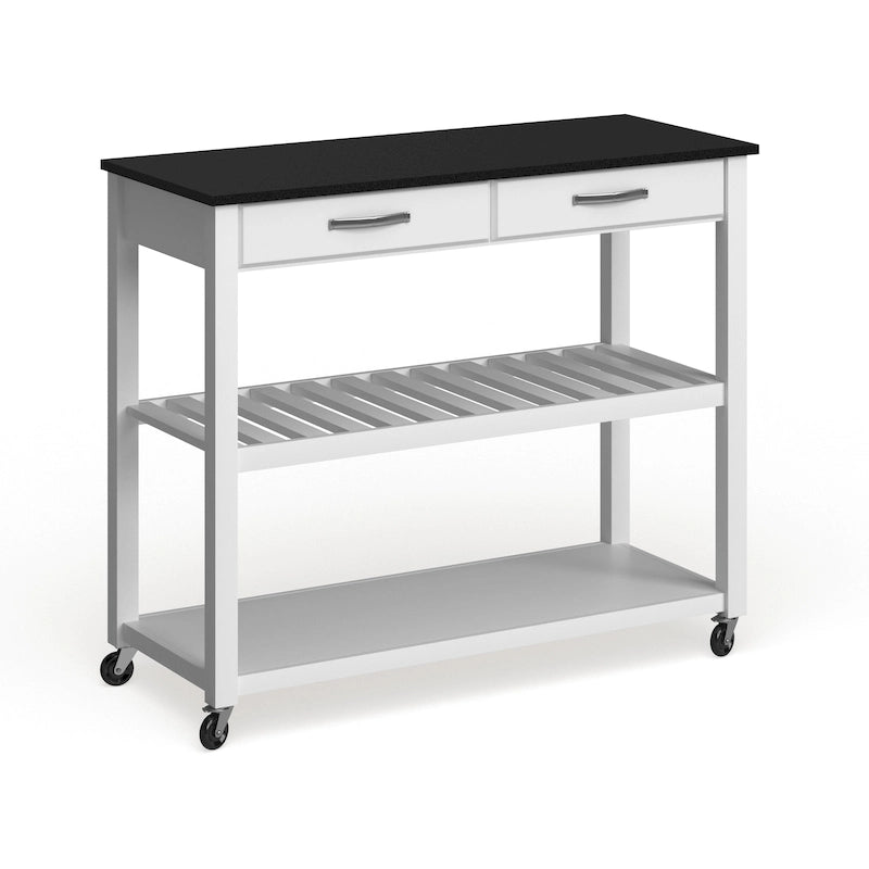 Desserte de cuisine avec plateau en granit noir, rangement pour tabourets et 2 étagères - Blanc - 43 larg. x 17 prof. x 35 haut.