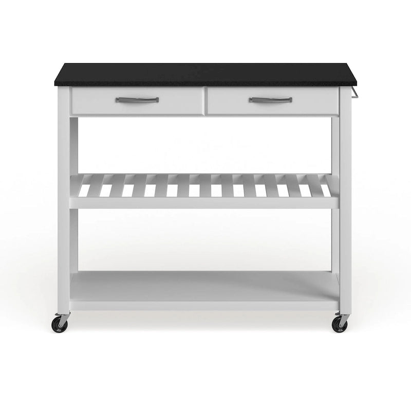 Desserte de cuisine avec plateau en granit noir, rangement pour tabourets et 2 étagères - Blanc - 43 larg. x 17 prof. x 35 haut.