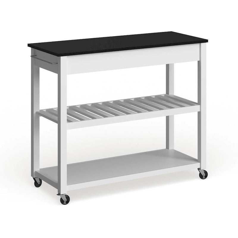 Desserte de cuisine avec plateau en granit noir, rangement pour tabourets et 2 étagères - Blanc - 43 larg. x 17 prof. x 35 haut.