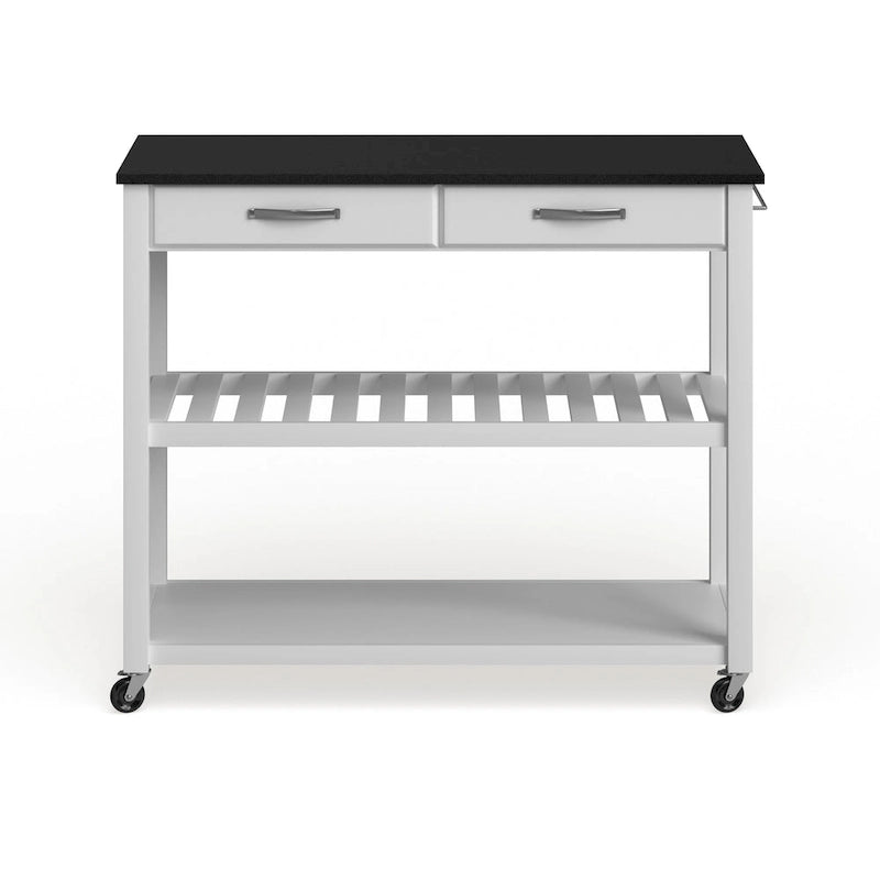 Desserte de cuisine avec plateau en granit noir, rangement pour tabourets et 2 étagères - Blanc - 43 larg. x 17 prof. x 35 haut.