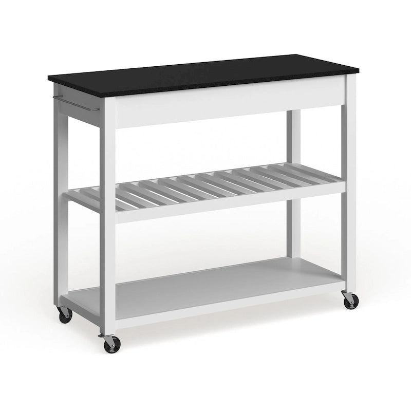 Desserte de cuisine avec plateau en granit noir, rangement pour tabourets et 2 étagères - Blanc - 43 larg. x 17 prof. x 35 haut.