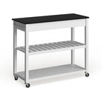 Desserte de cuisine avec plateau en granit noir, rangement pour tabourets et 2 étagères - Blanc - 43 larg. x 17 prof. x 35 haut.
