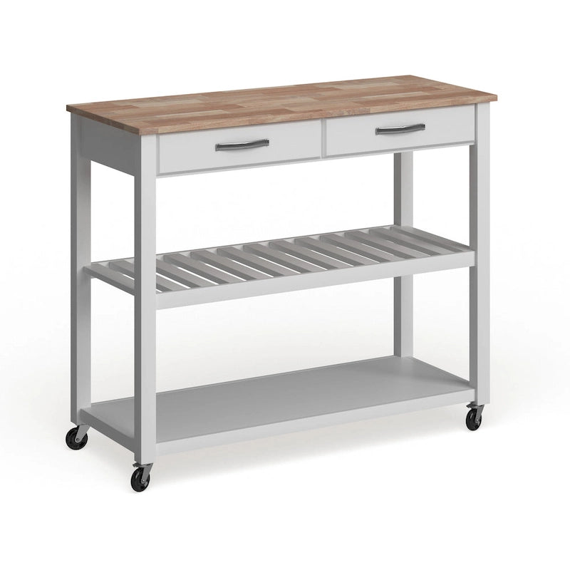 Chariot de cuisine avec plateau en bois naturel, rangement pour tabourets et 2 étagères – Blanc – 43L x 17P x 35H