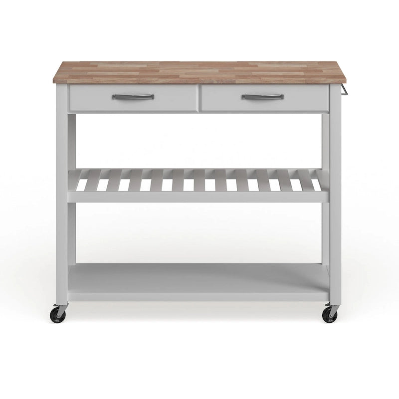 Chariot de cuisine avec plateau en bois naturel, rangement pour tabourets et 2 étagères – Blanc – 43L x 17P x 35H