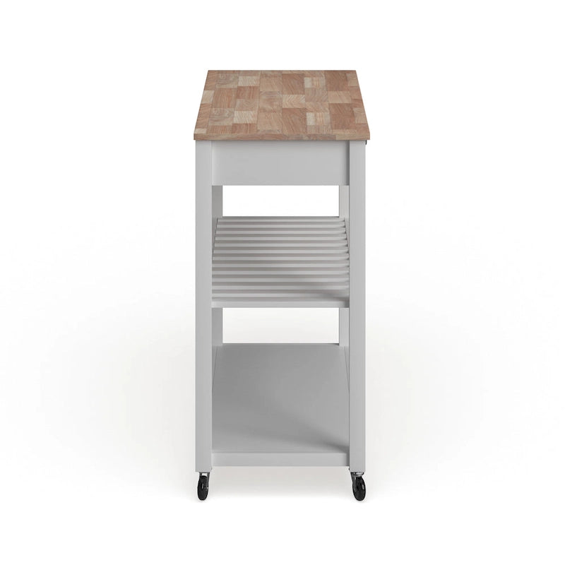Chariot de cuisine avec plateau en bois naturel, rangement pour tabourets et 2 étagères – Blanc – 43L x 17P x 35H