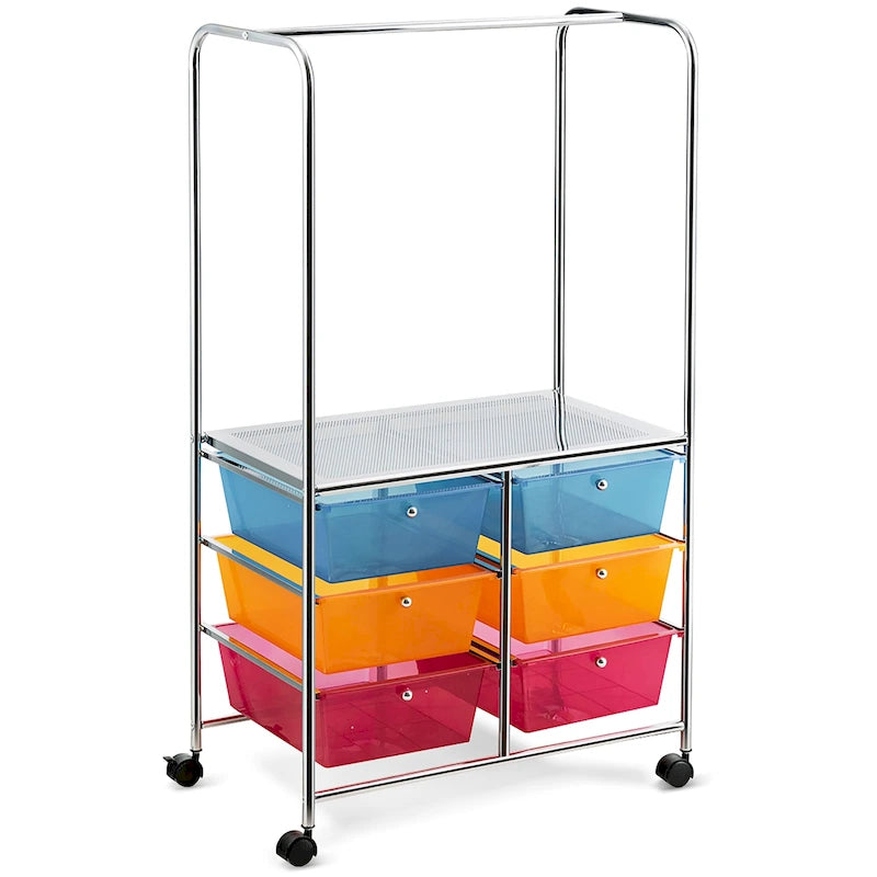 Chariot de rangement roulant à 6 tiroirs avec tringle et grande étagère - 63,5 x 36,8 x 111,8 cm