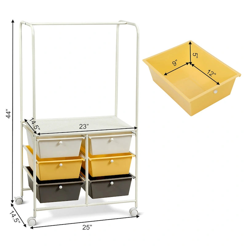 Chariot de rangement roulant à 6 tiroirs avec tringle et grande étagère - 63,5 x 36,8 x 111,8 cm