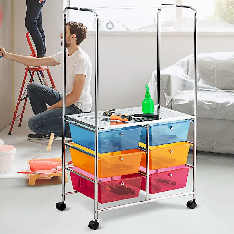 Chariot de rangement roulant à 6 tiroirs avec tringle et grande étagère - 63,5 x 36,8 x 111,8 cm