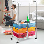 Chariot de rangement roulant à 6 tiroirs avec tringle et grande étagère - 63,5 x 36,8 x 111,8 cm