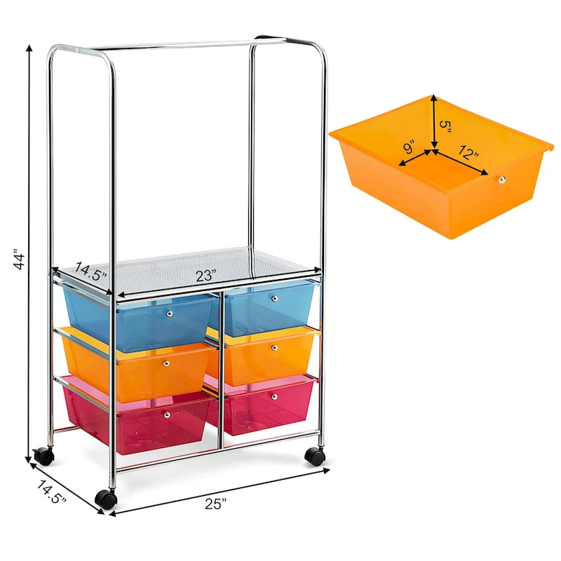 Chariot de rangement roulant à 6 tiroirs avec tringle et grande étagère - 63,5 x 36,8 x 111,8 cm