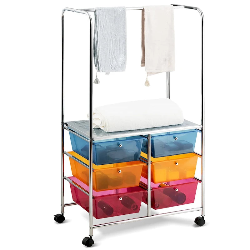 Chariot de rangement roulant à 6 tiroirs avec tringle et grande étagère - 63,5 x 36,8 x 111,8 cm