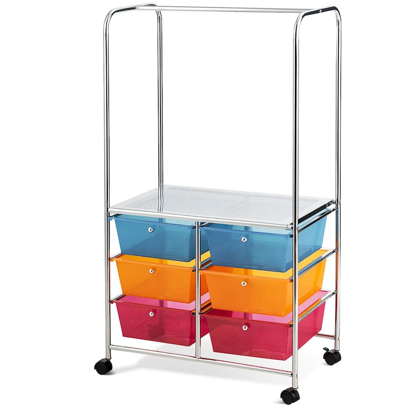 Chariot de rangement roulant à 6 tiroirs avec tringle et grande étagère - 63,5 x 36,8 x 111,8 cm