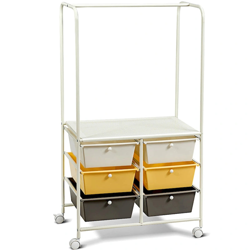 Chariot de rangement roulant à 6 tiroirs avec tringle et grande étagère - 63,5 x 36,8 x 111,8 cm