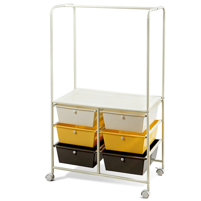 Chariot de rangement roulant à 6 tiroirs avec tringle et grande étagère - 63,5 x 36,8 x 111,8 cm