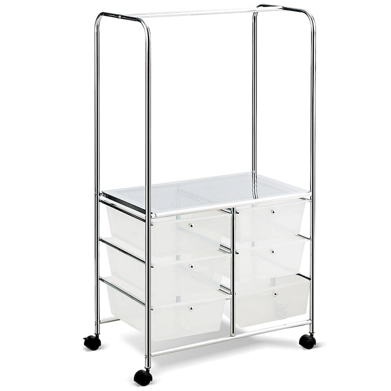 Chariot de rangement roulant à 6 tiroirs avec tringle et grande étagère - 63,5 x 36,8 x 111,8 cm