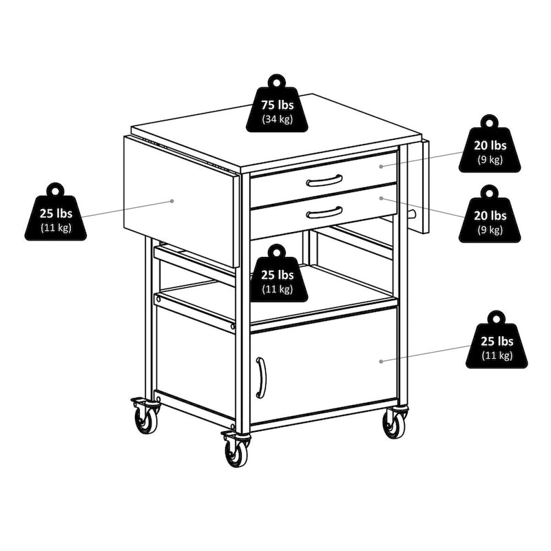 Desserte de cuisine à abattants avec 2 tiroirs, armoire et roulettes - Café et naturel - 43.23x20.08x33.54
