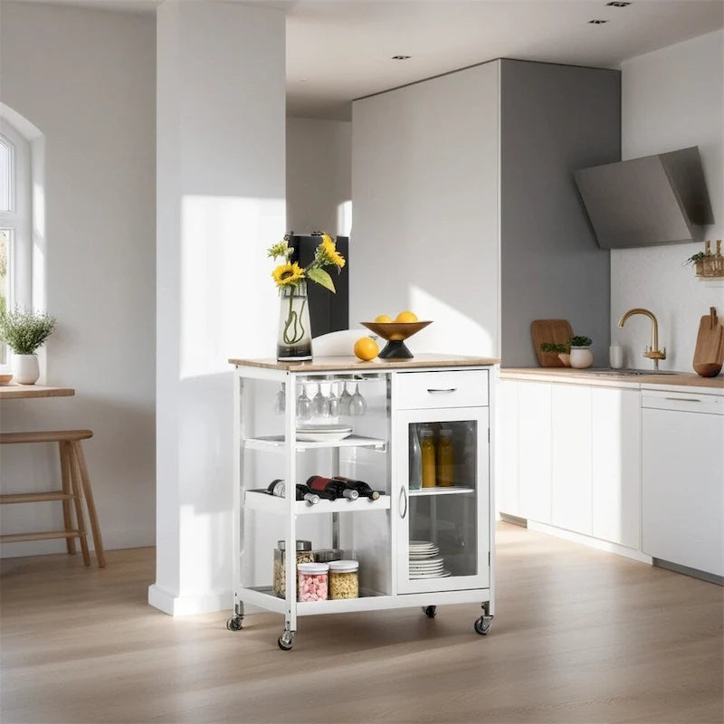 Îlot de cuisine en bois roulant avec rangement et porte-verres - N/A