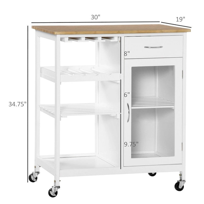 Îlot de cuisine en bois roulant avec rangement et porte-verres - N/A