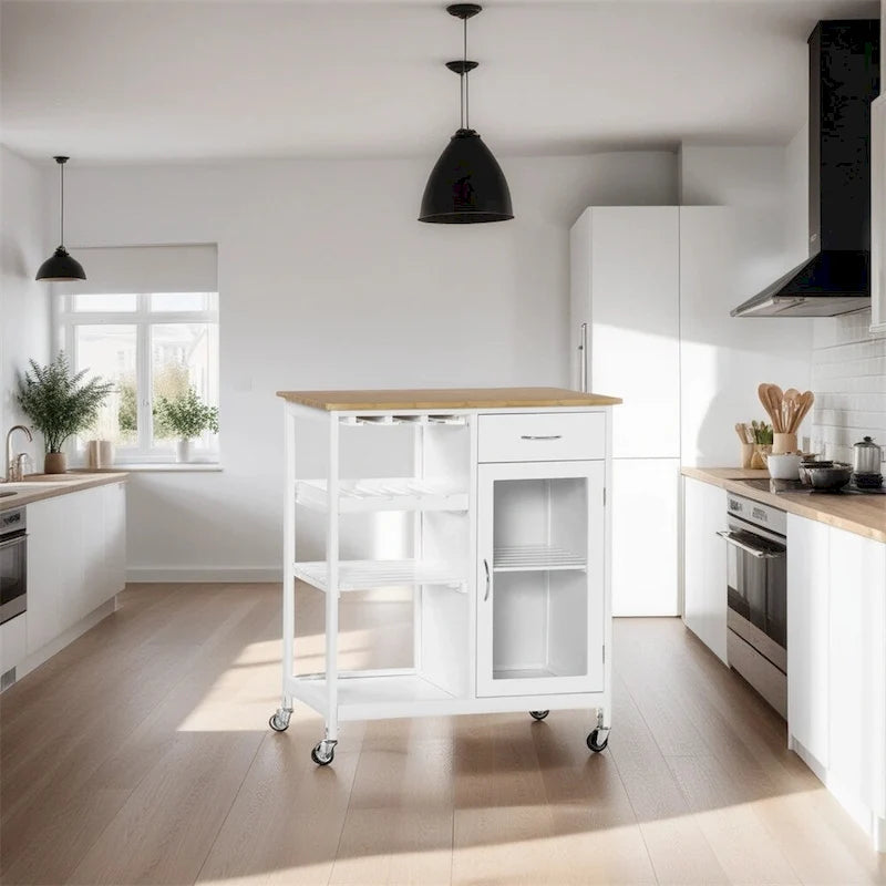 Îlot de cuisine en bois roulant avec rangement et porte-verres - N/A