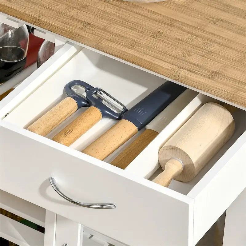 Îlot de cuisine en bois roulant avec rangement et porte-verres - N/A