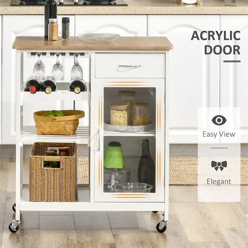 Îlot de cuisine en bois roulant avec rangement et porte-verres - N/A