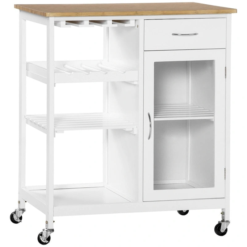 Îlot de cuisine en bois roulant avec rangement et porte-verres - N/A